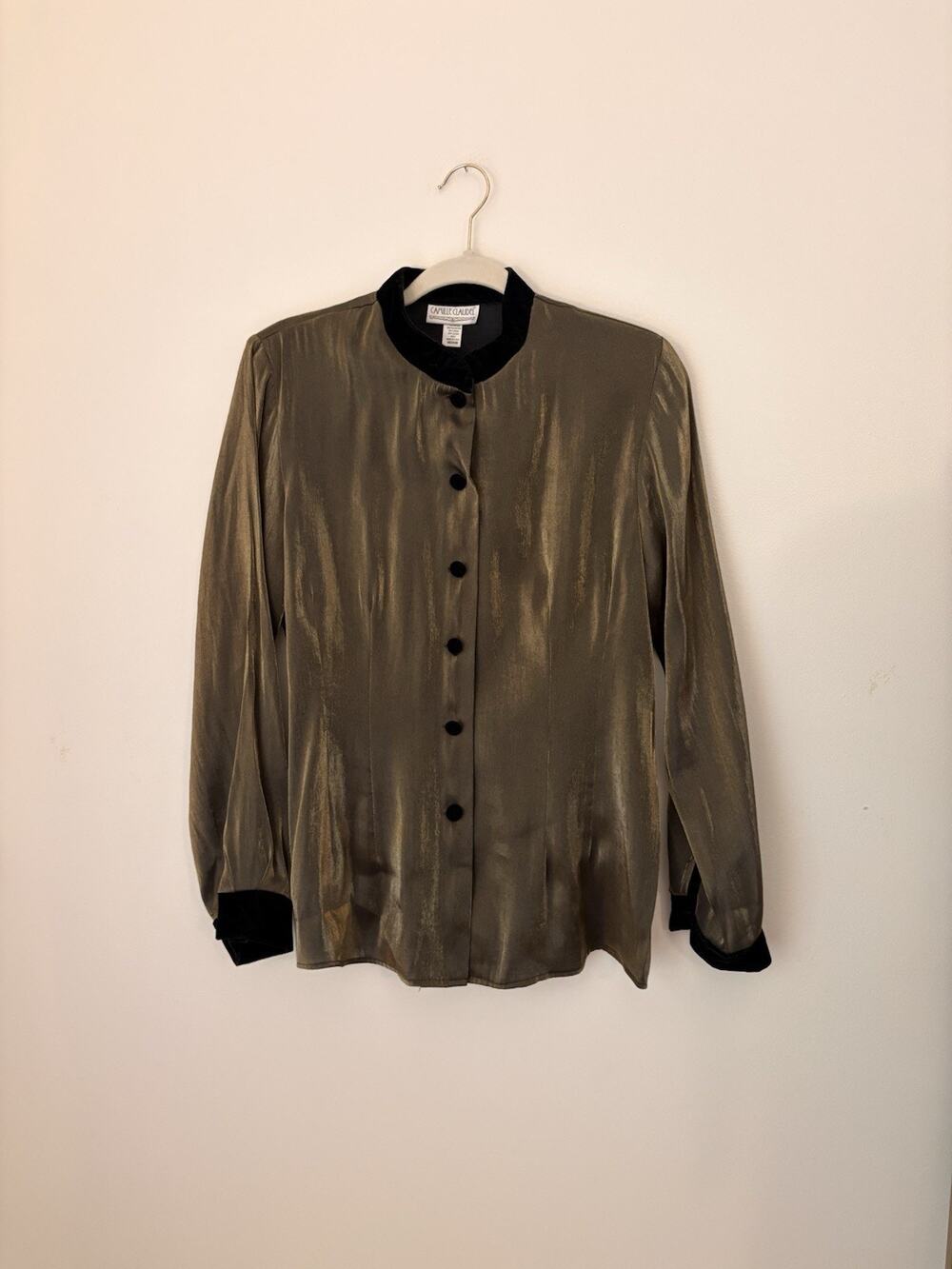 Vintage Camille Claudel Button Up Gold Shirt Velvet Buttons/Trim Women’s Size M